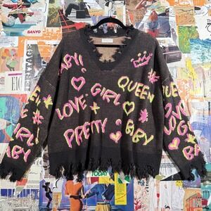 Y2K Full Circle Trends Black‎ Graphic Print Distressed Sweater Size 3X Plus Size